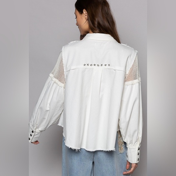 POL Oversized Star Studded Crochet Buttondown | Coconut - Picture 3 of 3